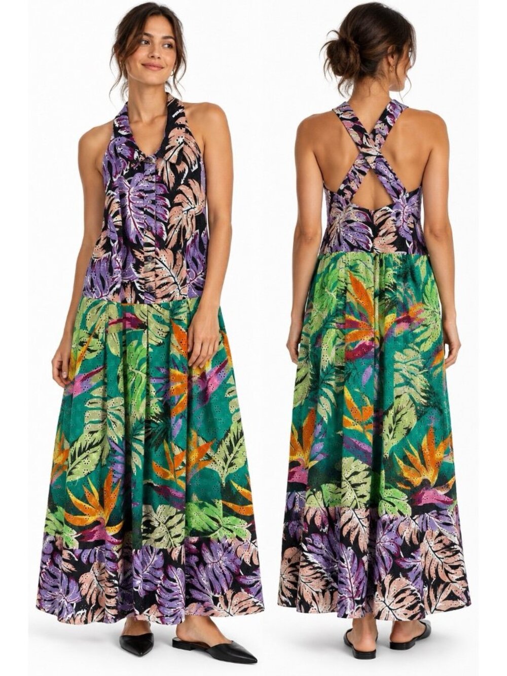 EVA BY EVA FRANCO sabine dress purple palm 10 eyelet maxi boho style floral